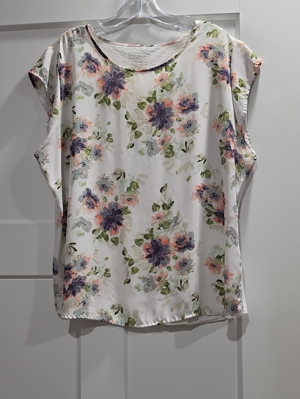Van Heusen White Floral Cap Sleeve Blouse with Purple and Pink Blooms